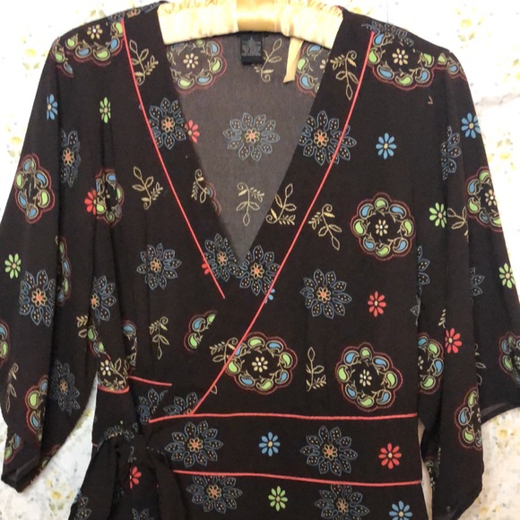SILKLAND dark brown multi colored floral print w’top w/large sleeves. Size S. - Picture 2 of 8